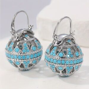 Turquoise Globe Dangle Earrings Silver Tone Southwestern Boho